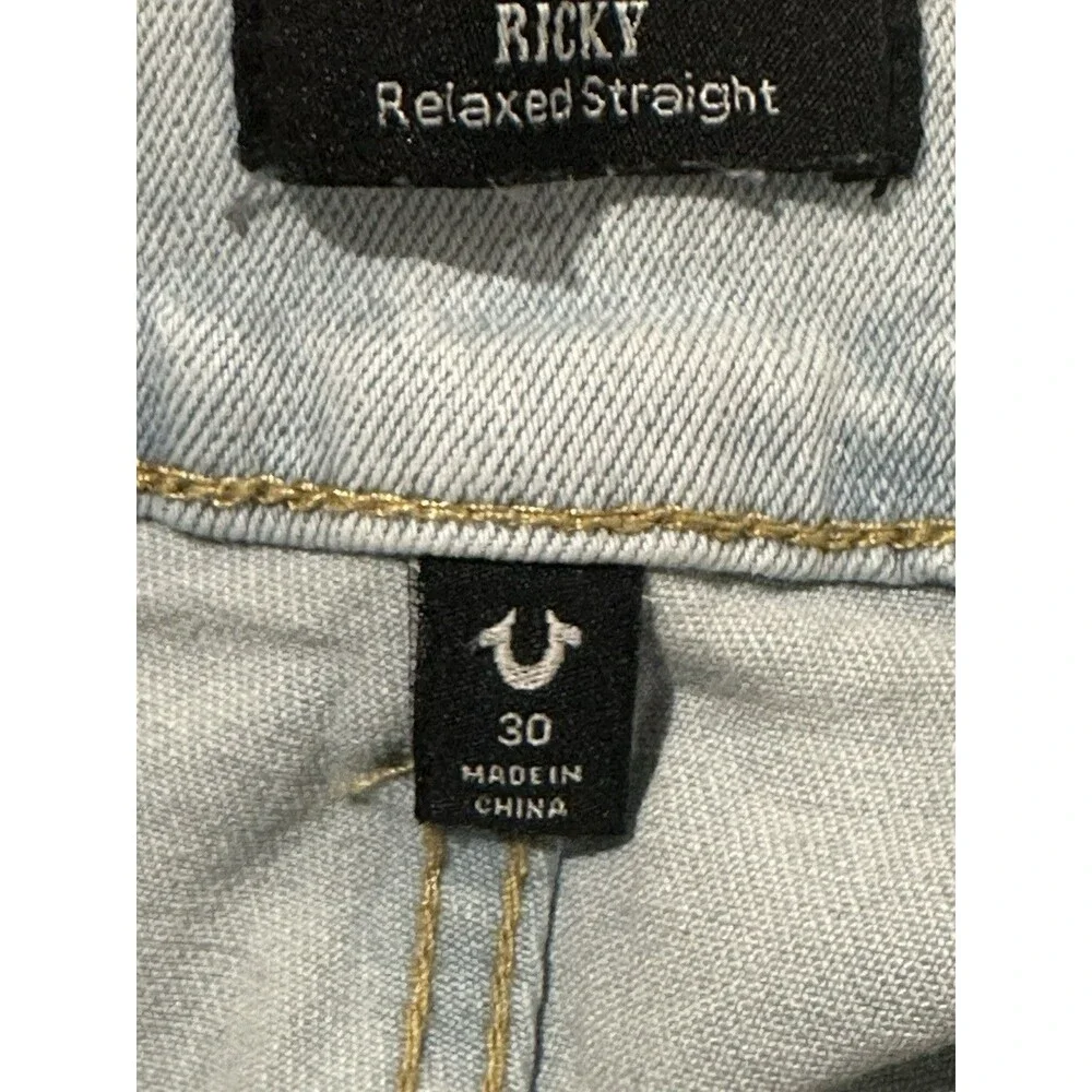 True Religion Men's Blue Jeans Ricky Relaxed Straight Size 32 Light Blue Denim